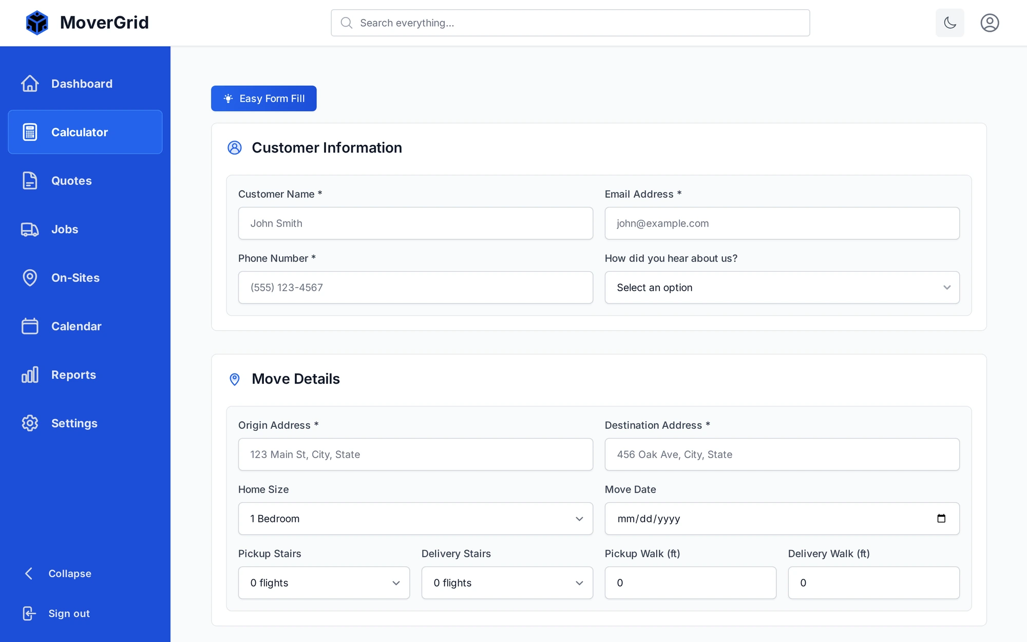 MoverGrid quote calculator ready on day one