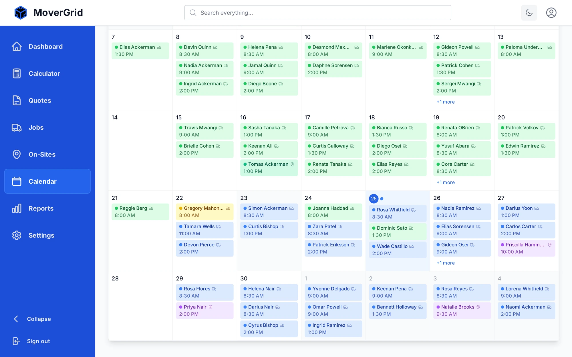MoverGrid scheduling calendar for after-hours commercial crews