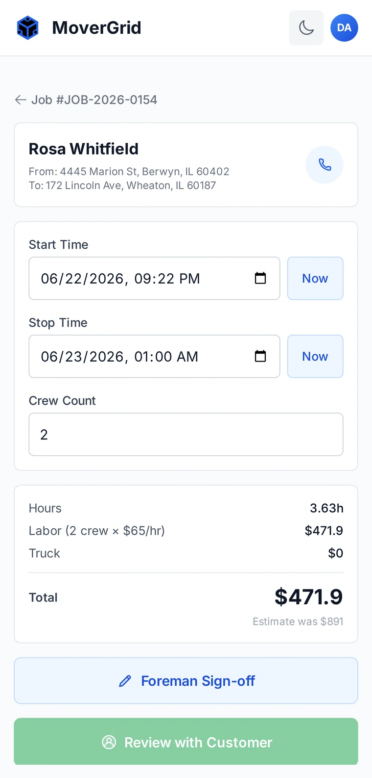 MoverGrid foreman move-day flow on a phone