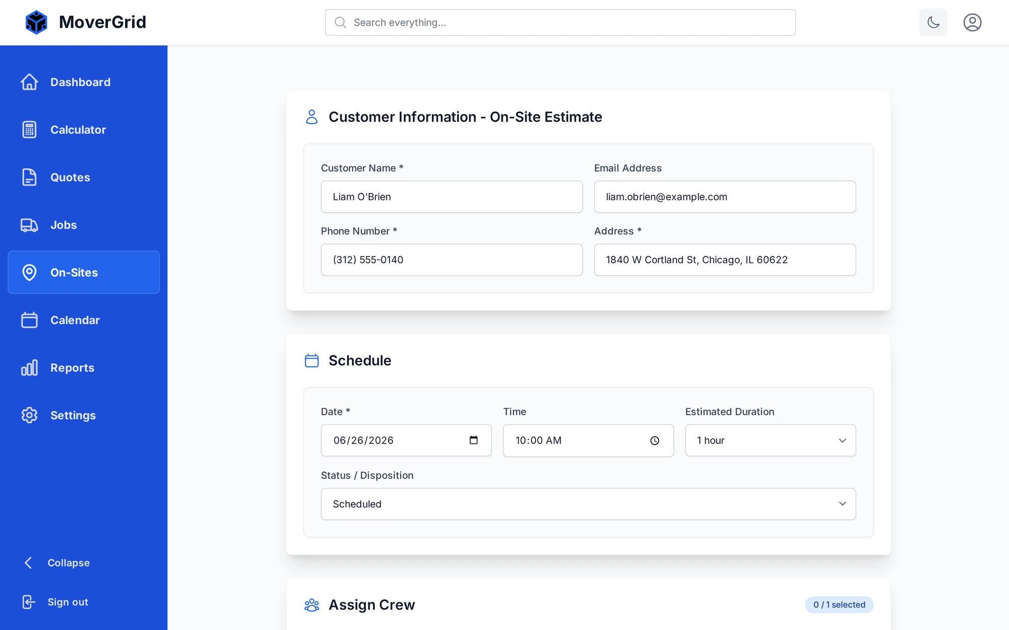 MoverGrid on-site survey scheduling